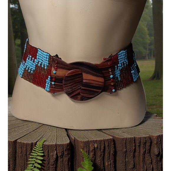 Wide Belt Stretch Blue Red Brown Beaded Boho Tribal Stretchy Wooden Buckle 28\